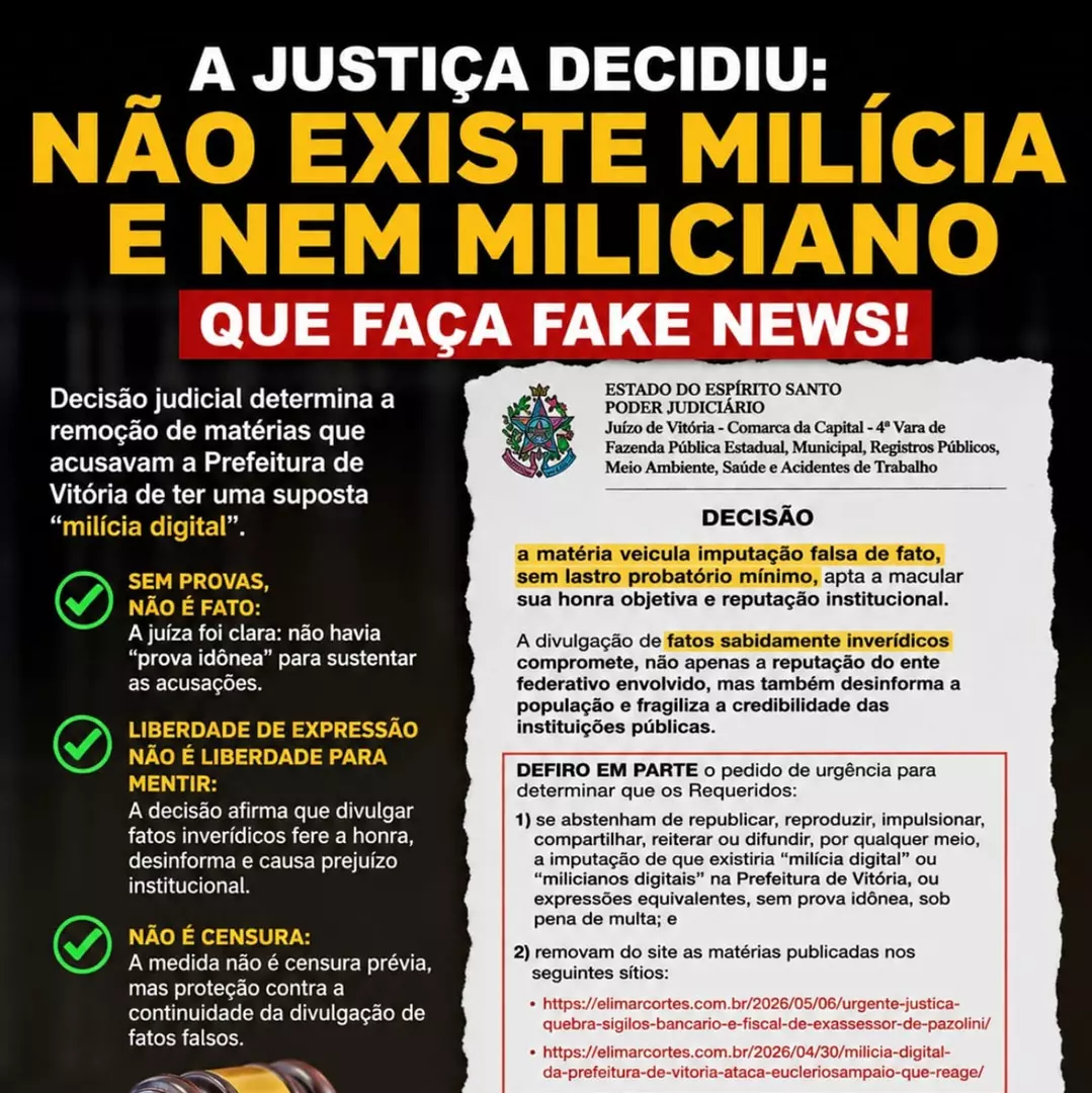 Quando a Justiça fala, a narrativa cai: a decisão que desmonta a tese de “milícia digital” em Vitória.